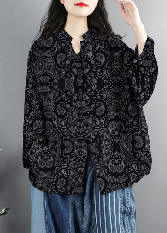 WW | Style Black Ghost Print Pockets Button Patchwork Cotton Coats Long Sleeve