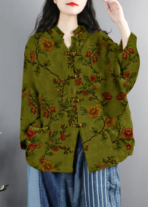 WW | Style Purple Print Pockets Button Patchwork Cotton Coats Long Sleeves