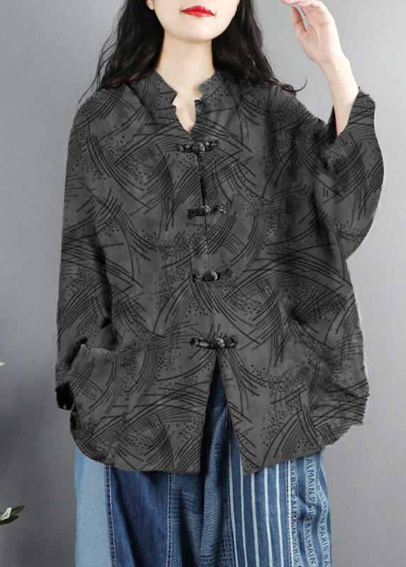 WW | Style Purple Print Pockets Button Patchwork Cotton Coats Long Sleeves