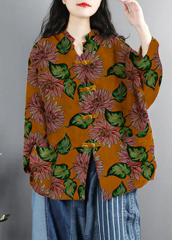 WW | Style Purple Print Pockets Button Patchwork Cotton Coats Long Sleeves