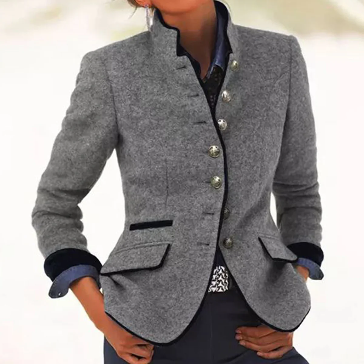 WW | Weinlese Knopfhälfte Winterjacke mit Hohem Kragen Detail