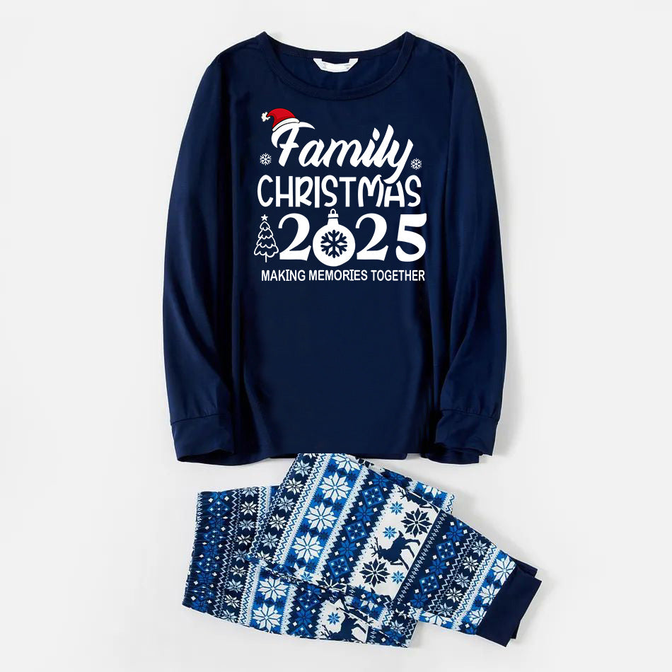 WW | "Family Christmas 2025" Text Print Blue Family Matching Pajamas