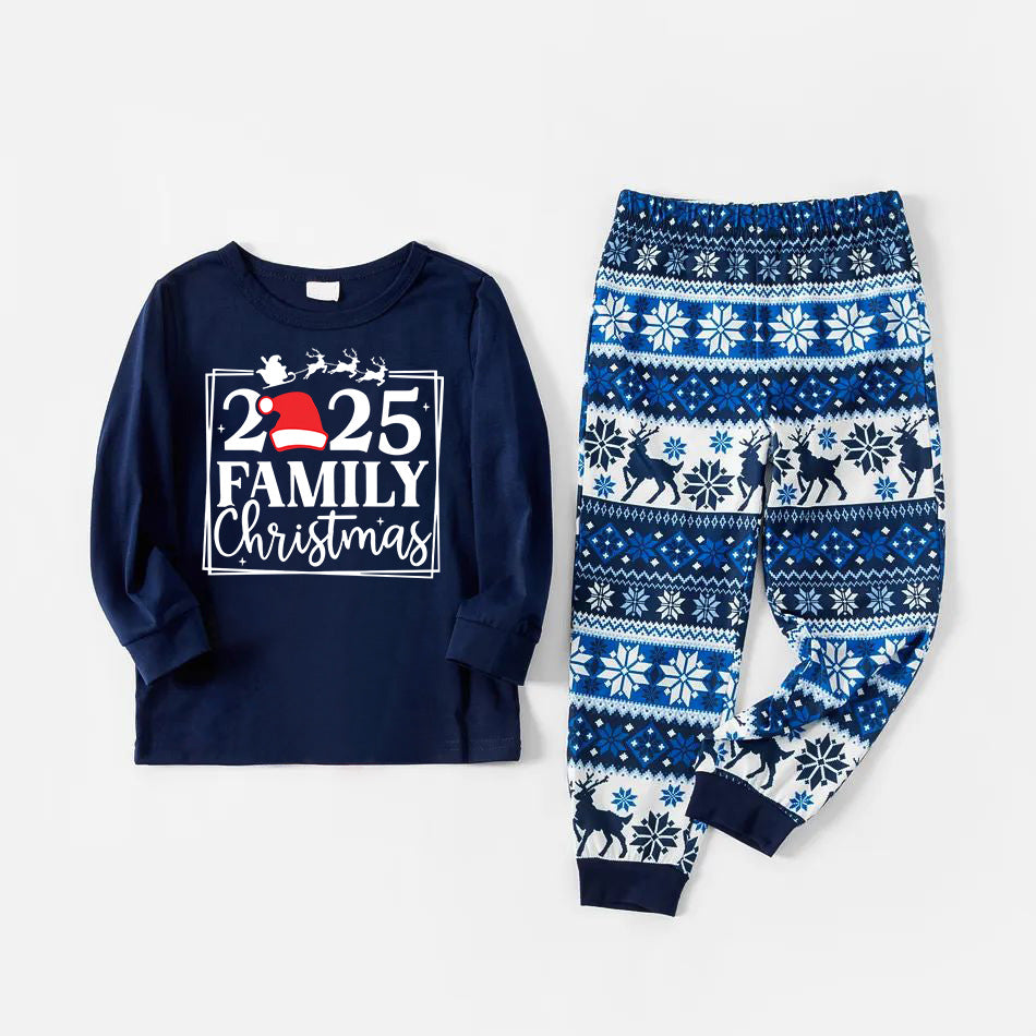 WW | "Family 2025 Christmas" Text and Santa Hat Print Blue Family Matching Pajamas
