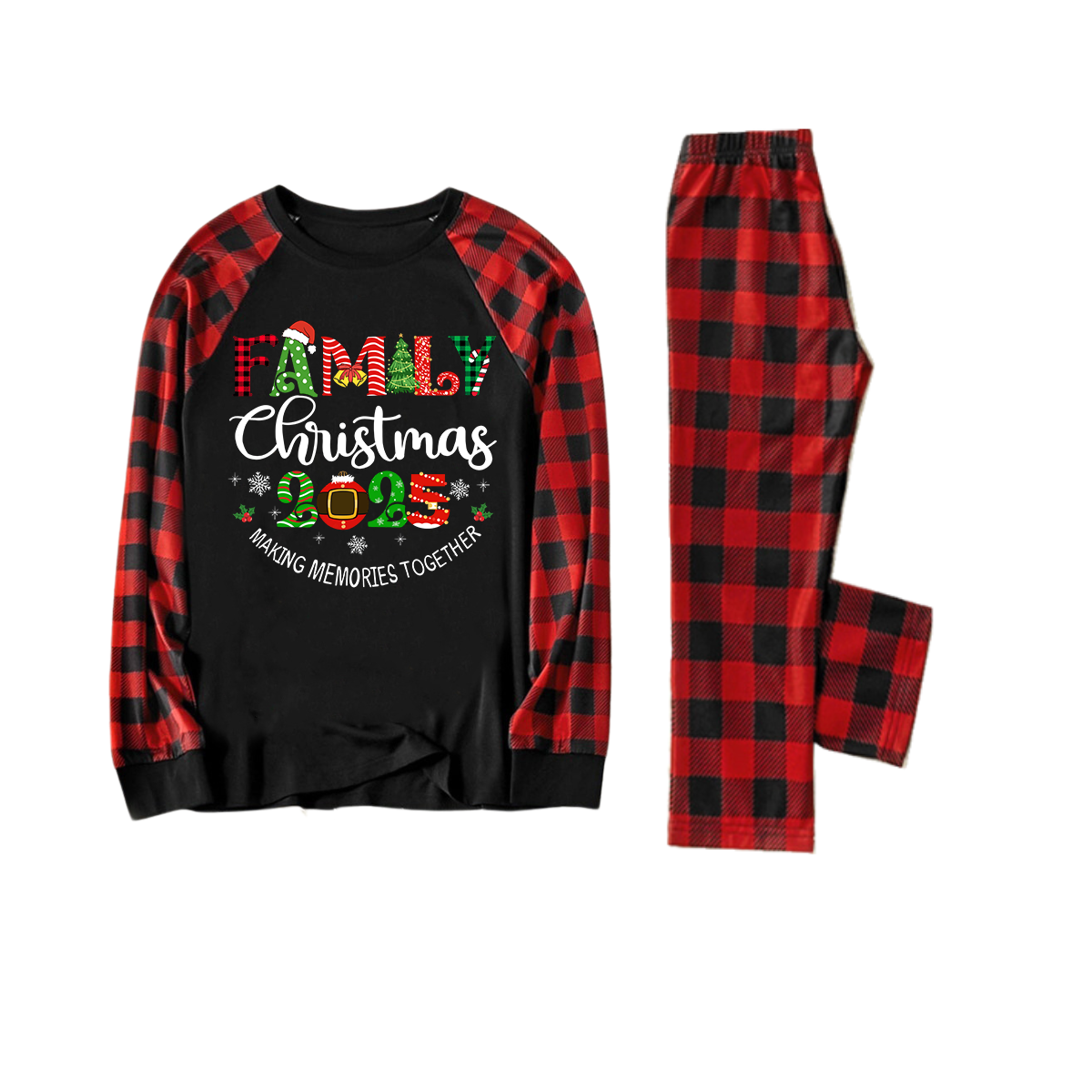 WW | "Familienweihnachten 2025" Süßes Druck Schwarz & Rot Karierte Weihnachts-Matching-Pajamas
