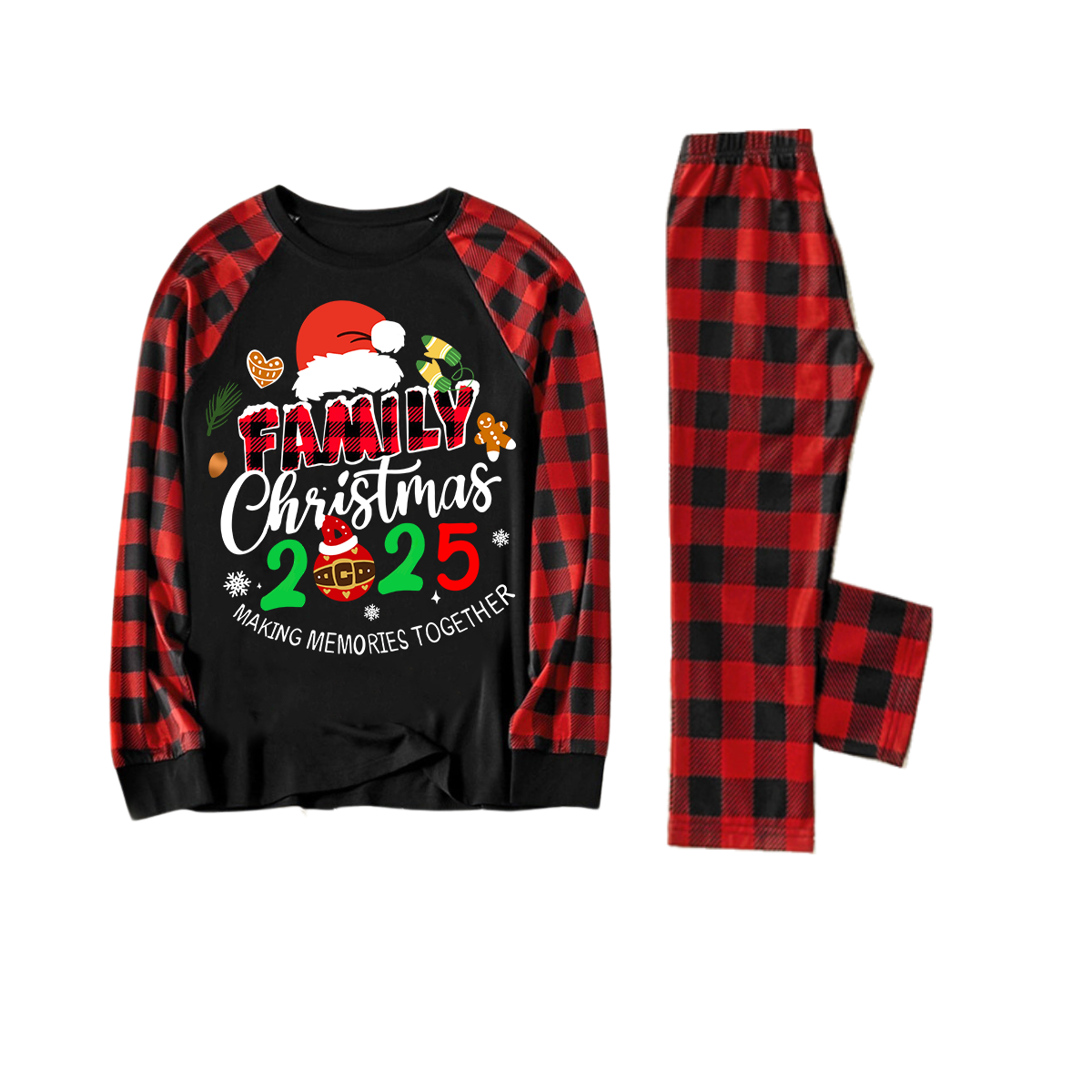 WW | Weihnachtsmannmütze und "2025 Familienweihnachten" Textdruck Schwarz & Rot Karierter Weihnachts-Pyjama