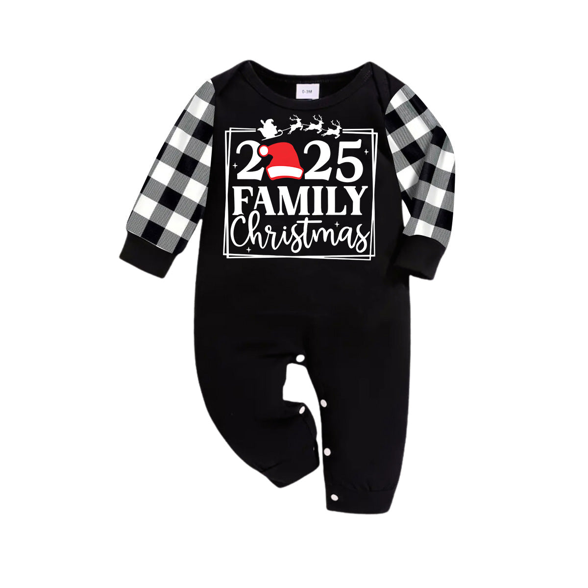 WW | "2025 FAMILY CHRISTMAS" Text und Schlittenmuster - Schwarzes Langarmoberteil mit Schwarz-Weiß karierten Hosen Familienpassende Pyjamas