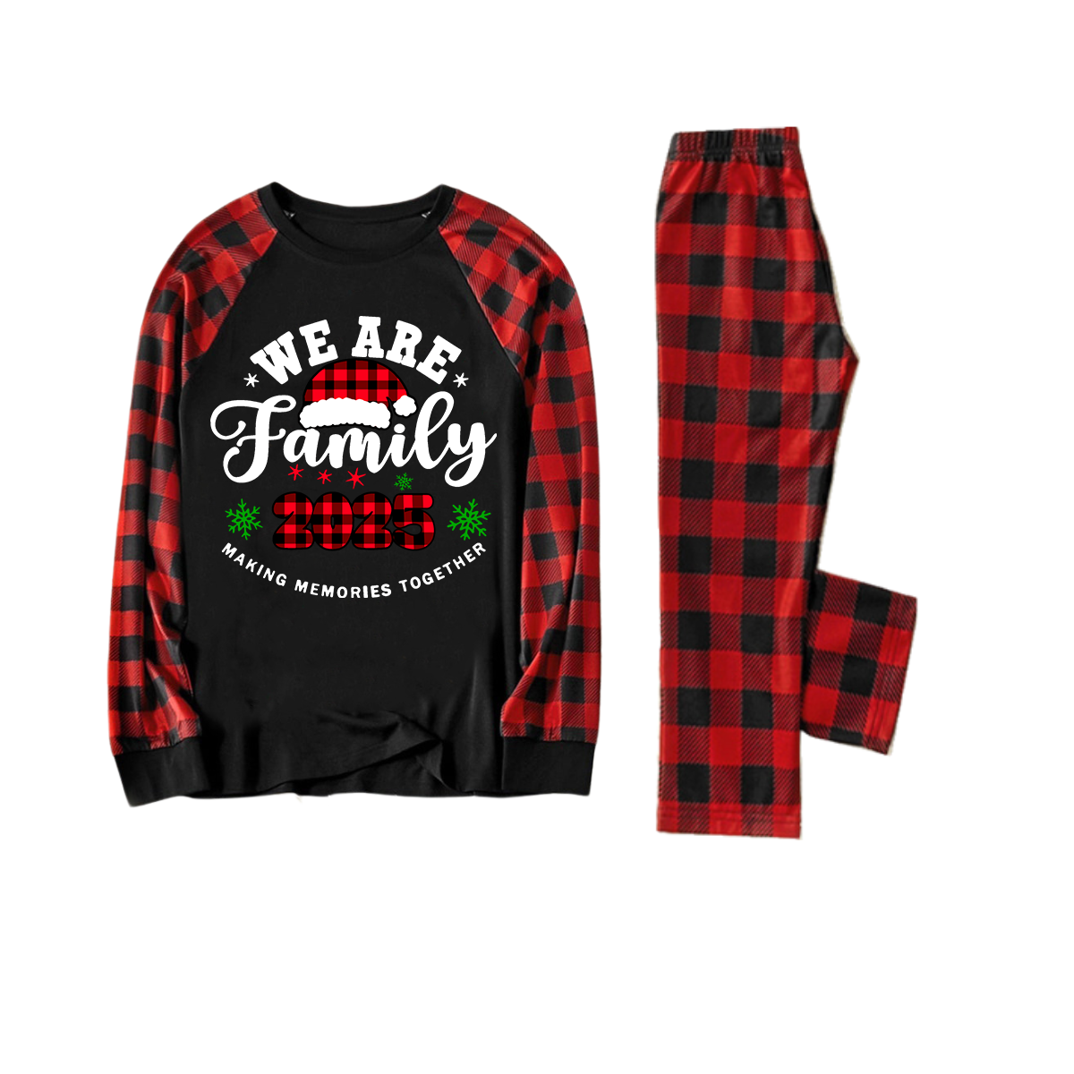 WW | "We Are Family2025" Santa Hat Monogram Print Letter Black & Red Plaid Family Matching Black Pajamas