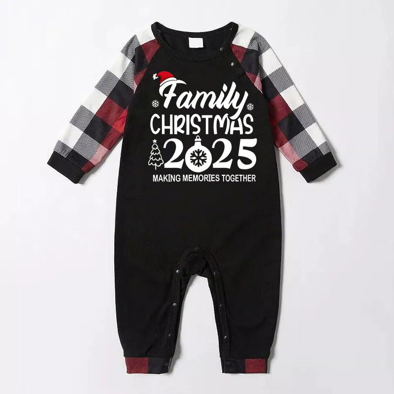 WW | "FAMILY 2025 christmas memories made together" text and Santa hat print - black top with red&black&white plaid sleeves - Family Matching Pajamas