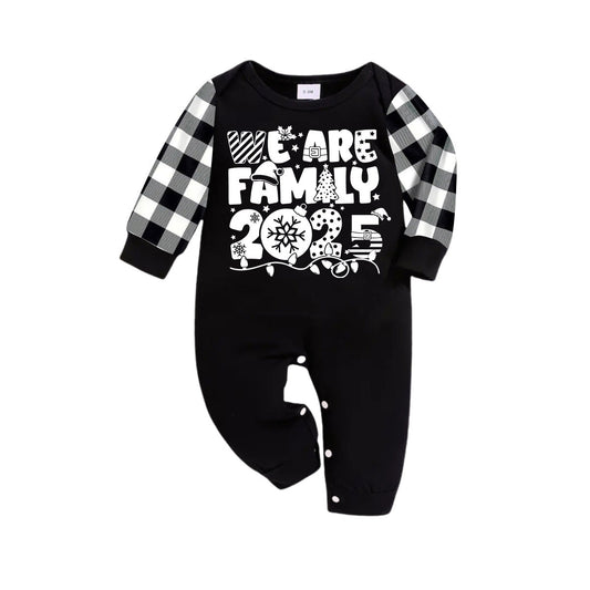WW | "We Are Family 2025" White Letter Print Black Long Sleeve Top with Black and White Carrot Pants Family Set Pajamas