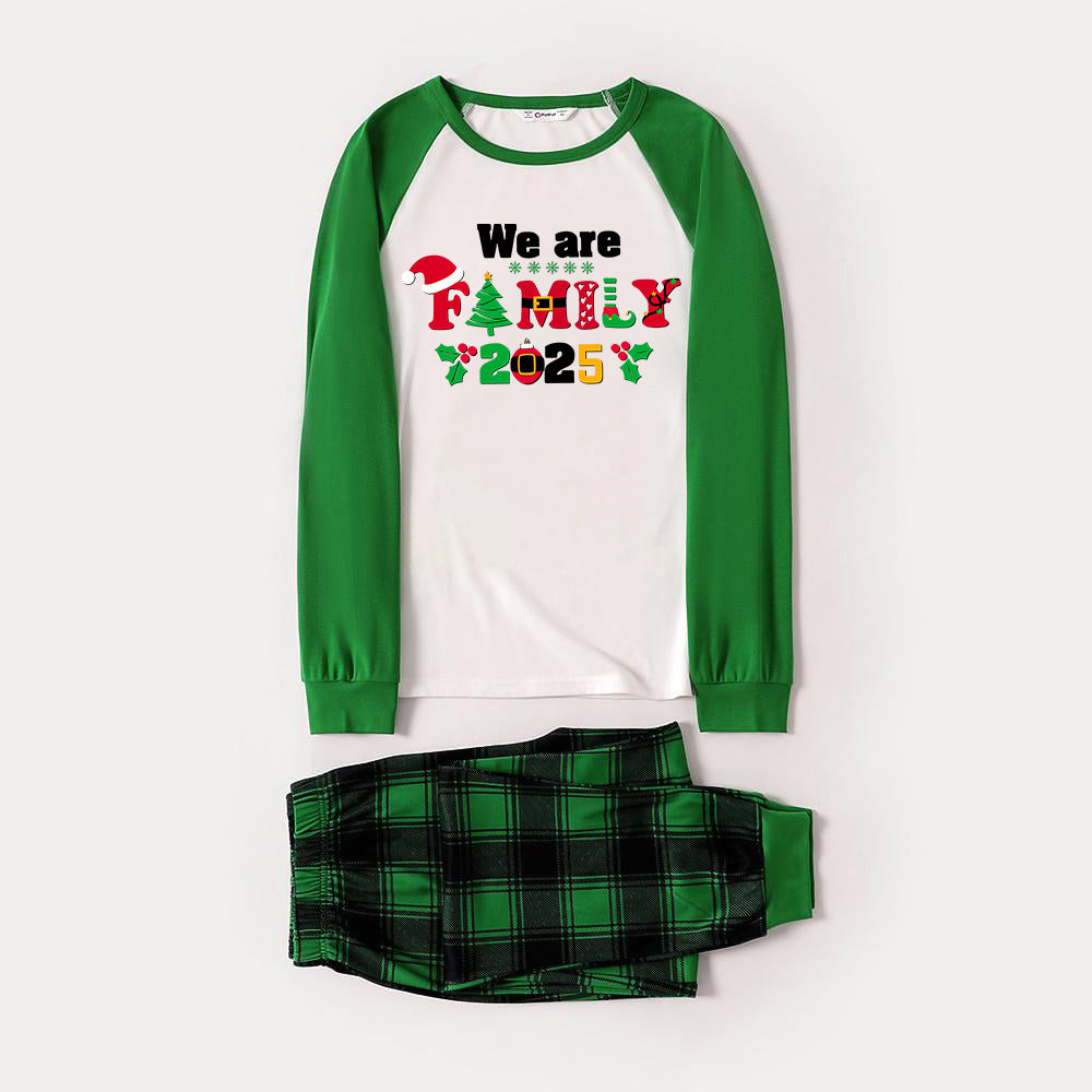 WW | Christmas We Are Family 2025 Letter Print Green Rotator Cuff Top With Green & Black Plaid Family Matching Pajamas