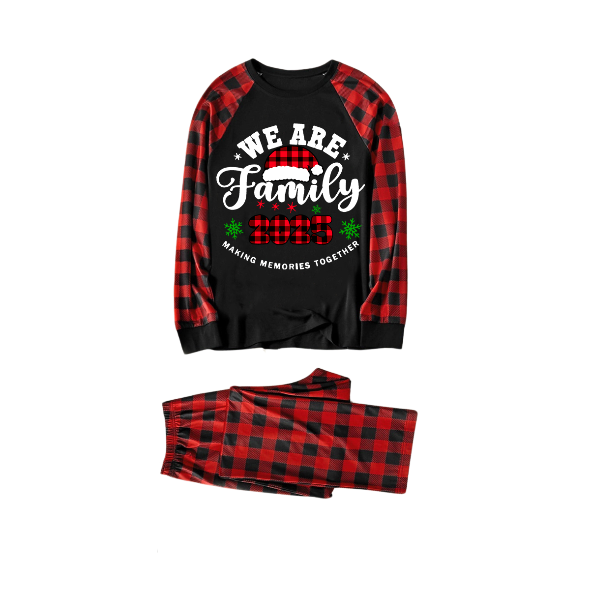 WW | "We Are Family2025" Santa Hat Monogram Print Letter Black & Red Plaid Family Matching Black Pajamas