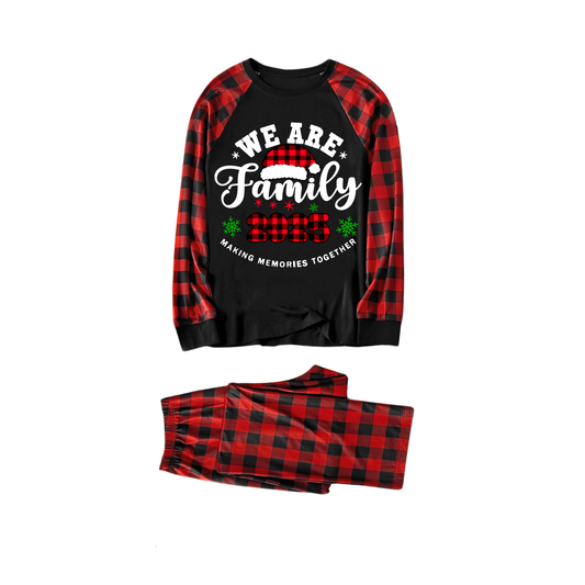 WW | "We Are Family2025" Santa Hat Monogram Print Letter Black & Red Plaid Family Matching Black Pajamas