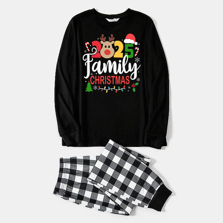WW | "Family Christmas 2025" Text and Deer Print Black Long Sleeve Top with Black and White Plaid Pants Family Matching Pajamas