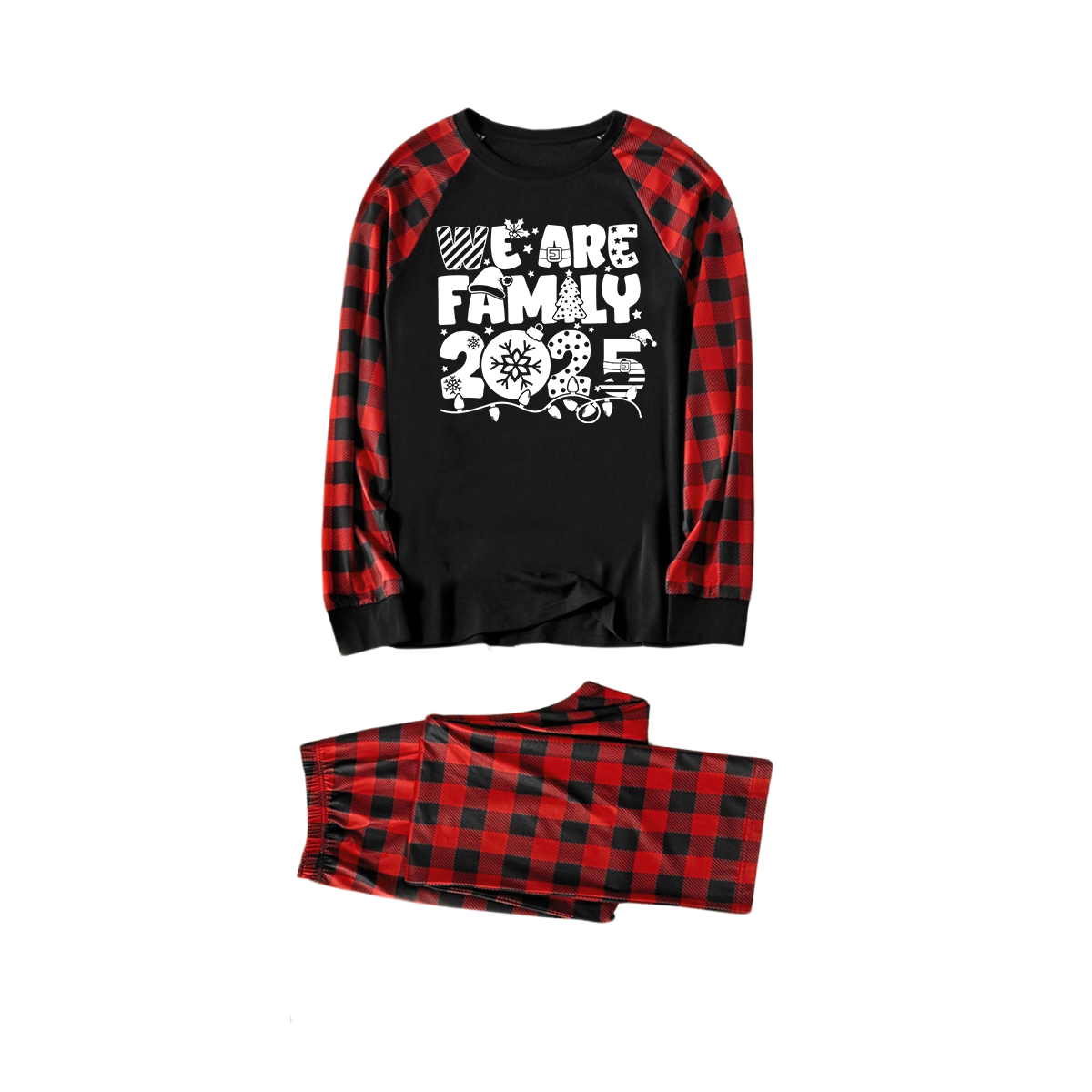 WW | "We Are Family 2025" White Letter Print Black & Red Plaid Family Matching Black Pajamas