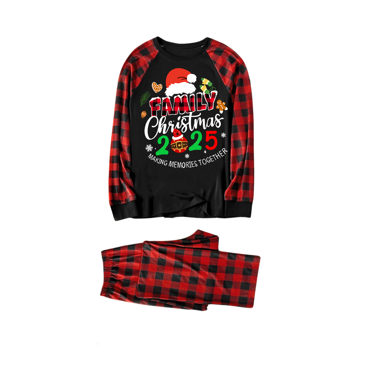 WW | Weihnachtsmannmütze und "2025 Familienweihnachten" Textdruck Schwarz & Rot Karierter Weihnachts-Pyjama