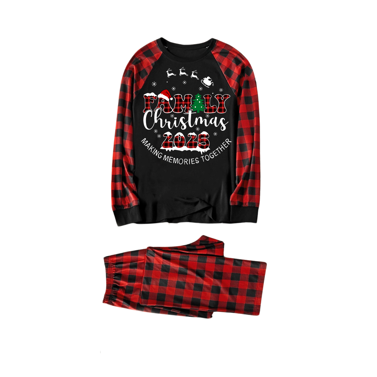 WW | Cute Moose and "2025 Family Christmas" Text Print Black & Red Plaid Christmas Pajamas