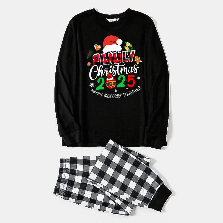 WW | Family Christmas 2025 Creating Memories Together Text Print Black Long Sleeve Top with Black and White Plaid Pants Family Matching Pajamas