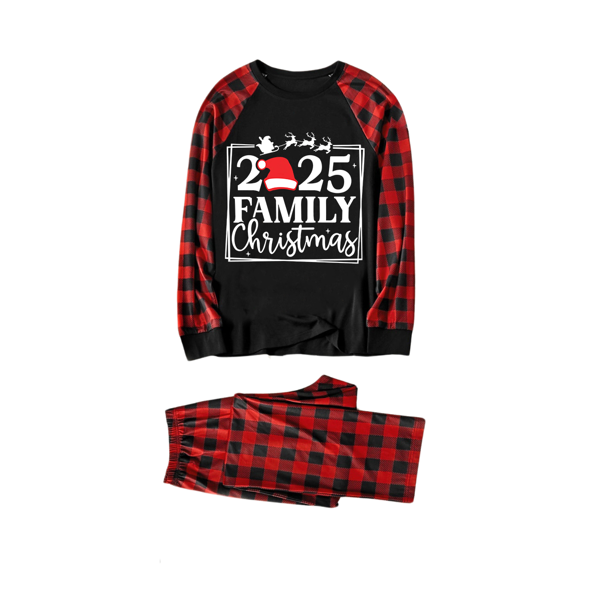 WW | "2025 Family Christmas" Text and Santa Hat Print Black & Red Plaid Family Matching Pajamas