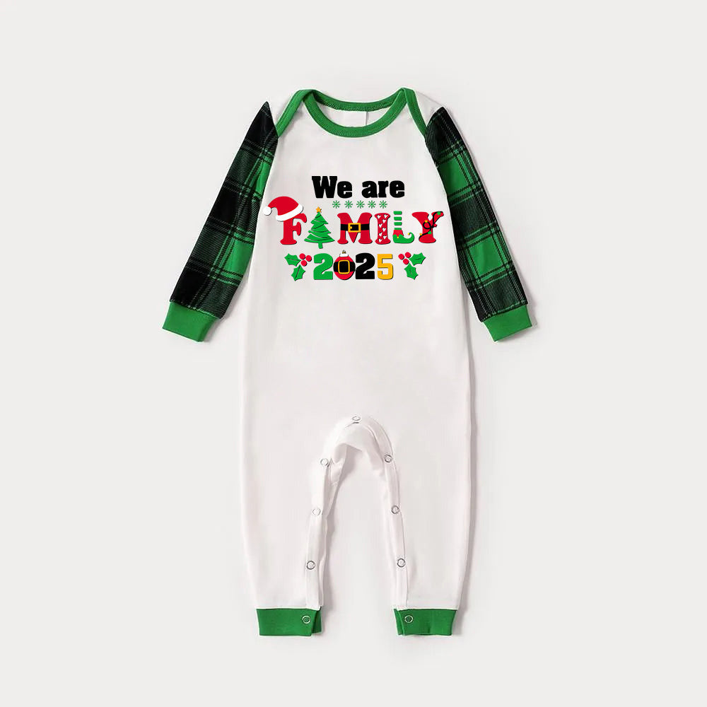 WW | Christmas We Are Family 2025 Letter Print Green Rotator Cuff Top With Green & Black Plaid Family Matching Pajamas