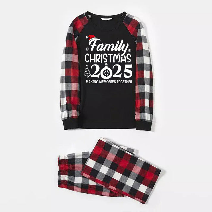 WW | "FAMILY 2025 christmas memories made together" text and Santa hat print - black top with red&black&white plaid sleeves - Family Matching Pajamas
