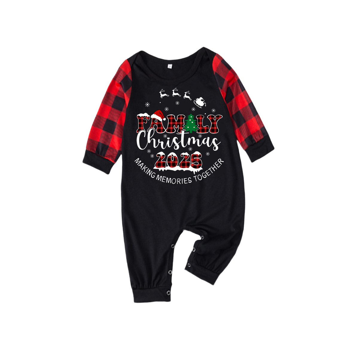 WW | Cute Moose and "2025 Family Christmas" Text Print Black & Red Plaid Christmas Pajamas