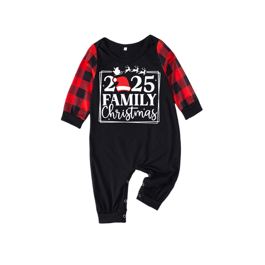 WW | "2025 Family Christmas" Text and Santa Hat Print Black & Red Plaid Family Matching Pajamas