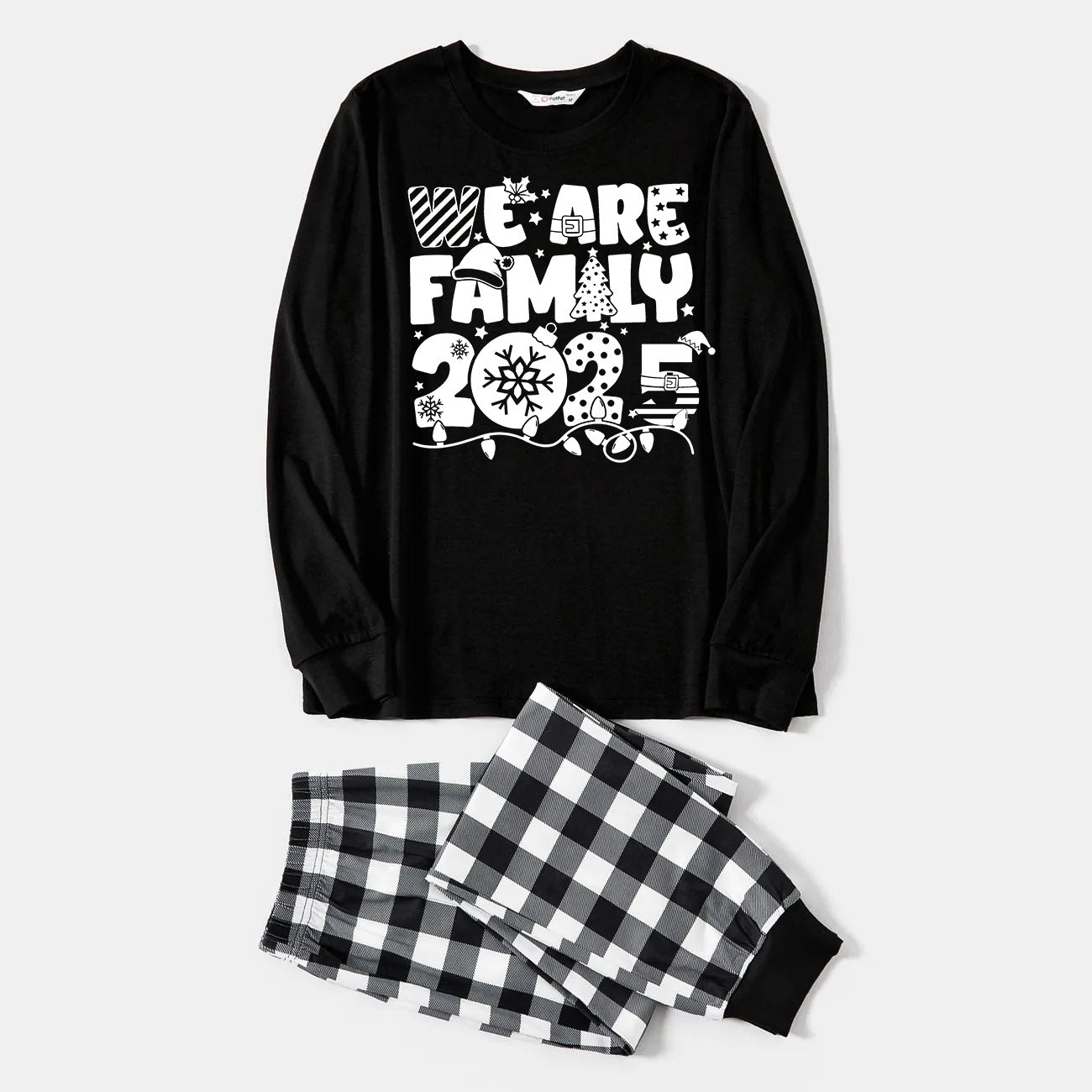 WW | "We Are Family 2025" White Letter Print Black Long Sleeve Top with Black and White Carrot Pants Family Set Pajamas