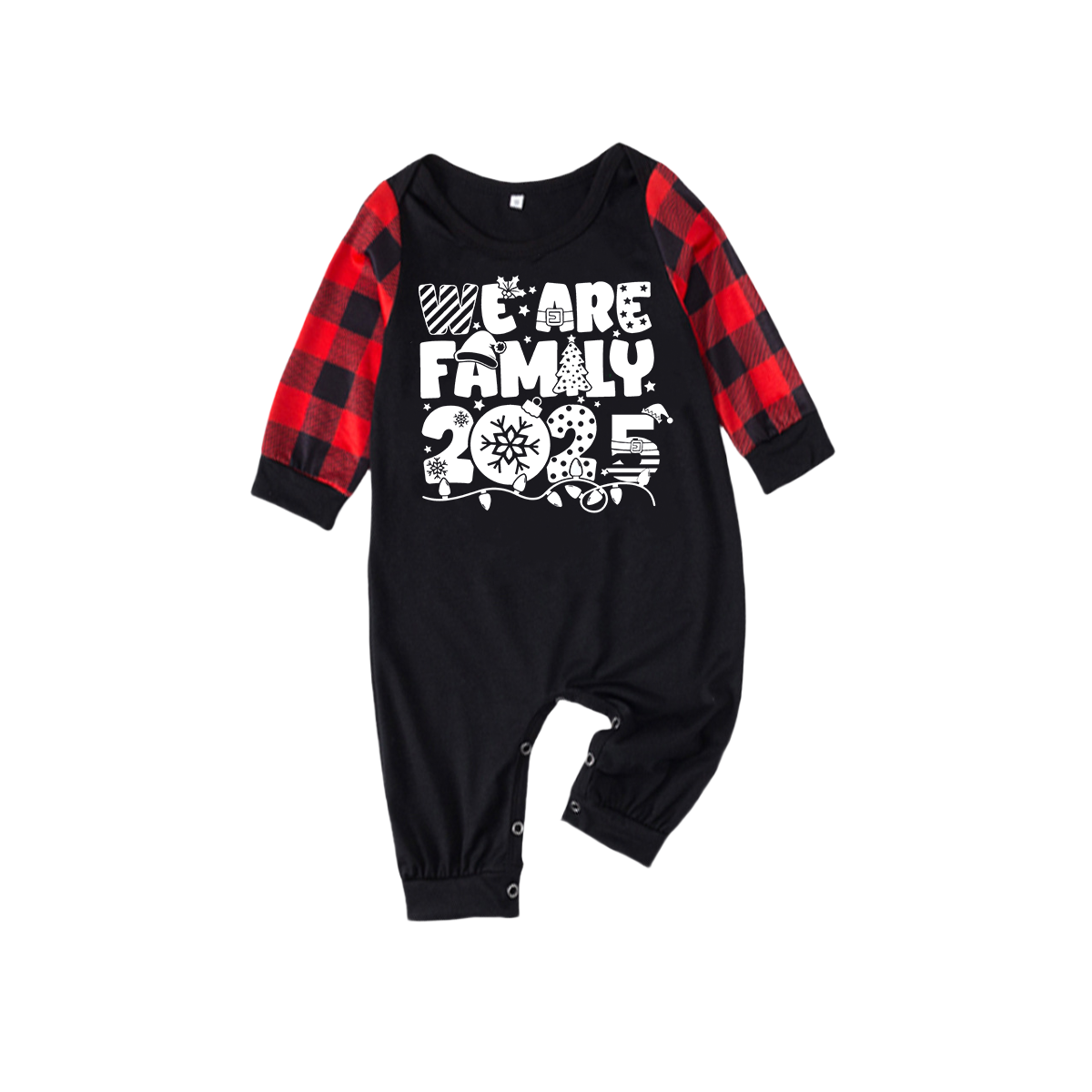 WW | "We Are Family 2025" White Letter Print Black & Red Plaid Family Matching Black Pajamas