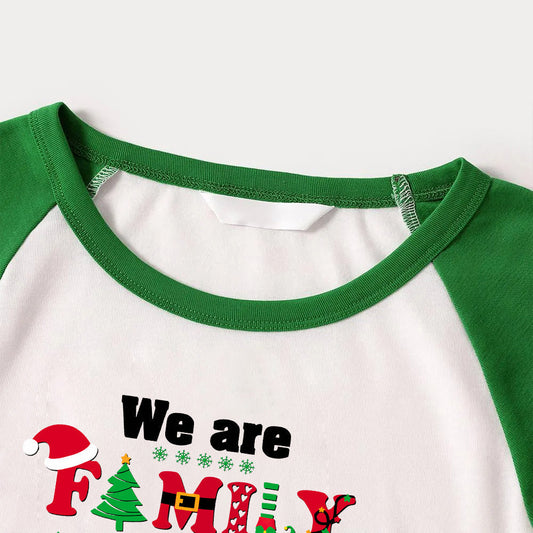 WW | Christmas We Are Family 2025 Letter Print Green Rotator Cuff Top With Green & Black Plaid Family Matching Pajamas