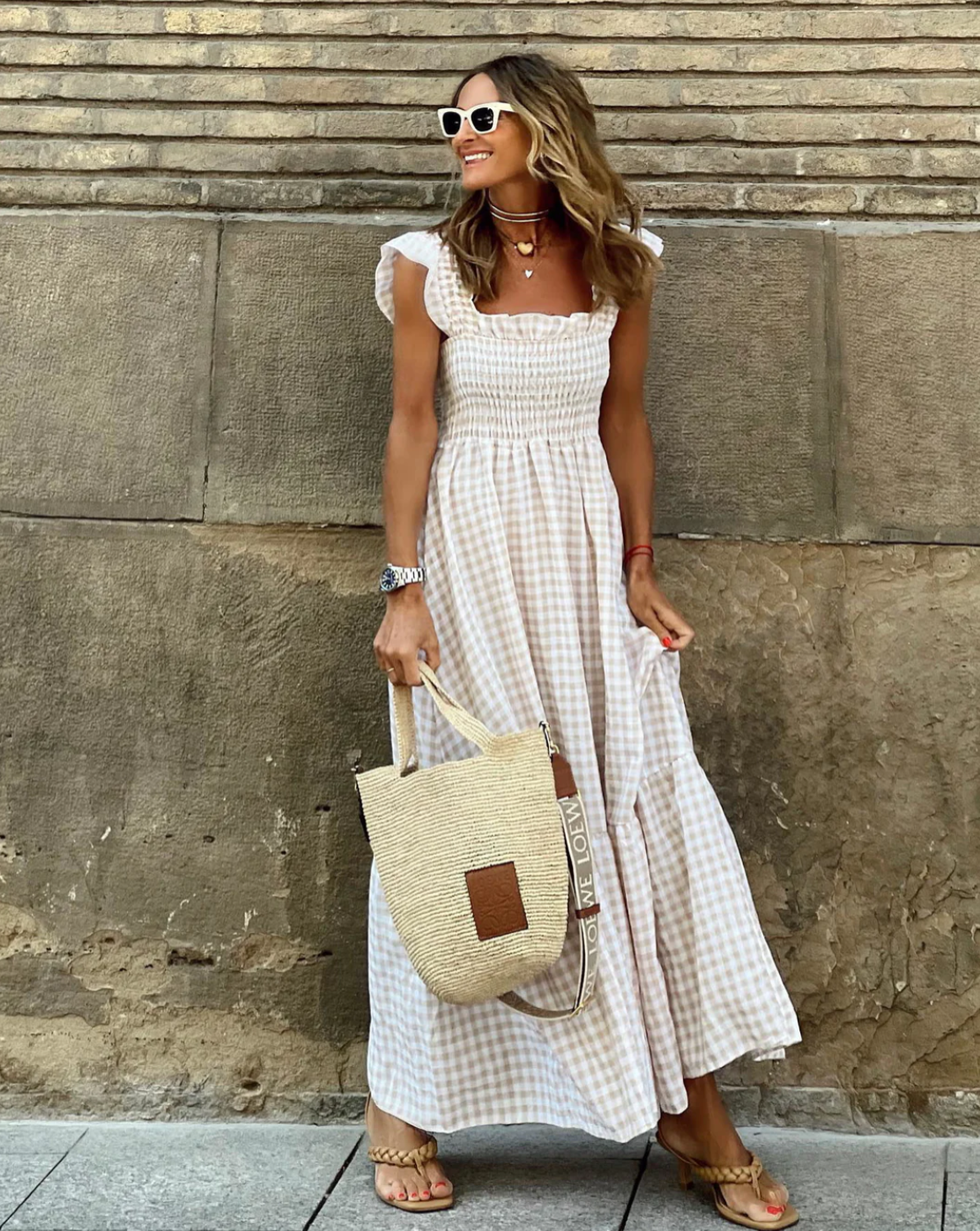 Flower – Langes Kleid mit Volantärmeln und karierten Volants
