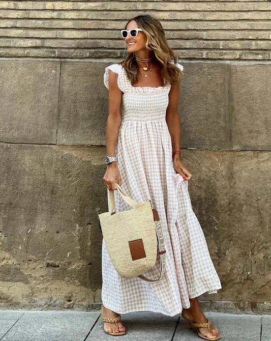 Flower – Long dress with flounce sleeves and plaid flounces