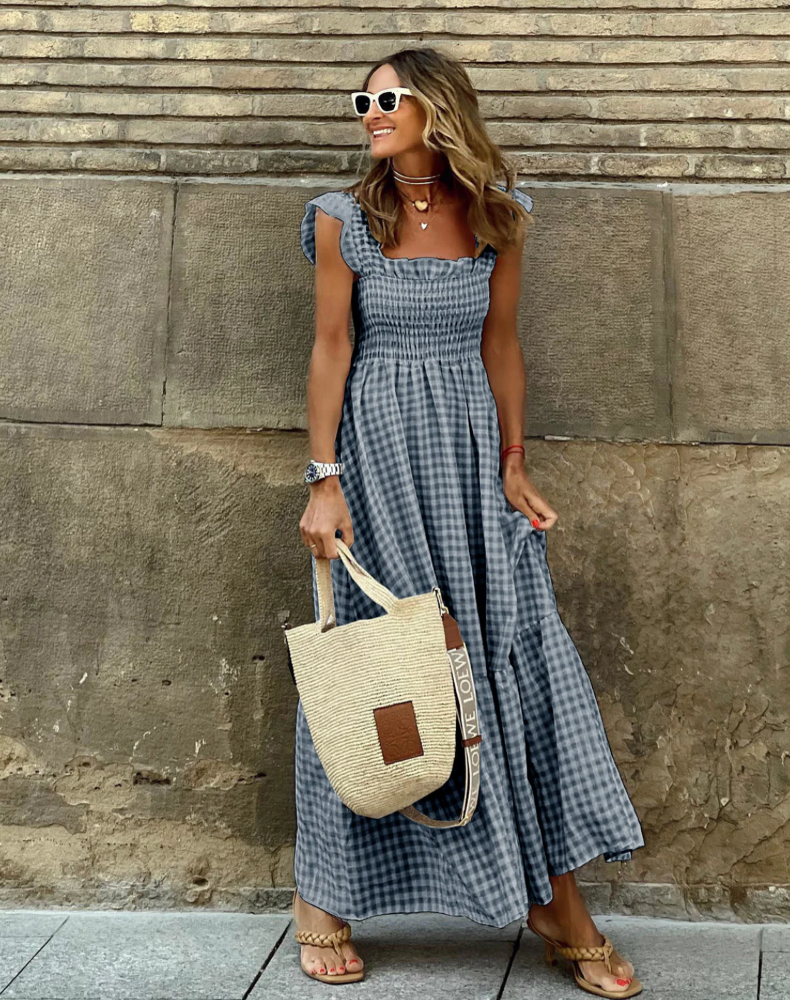 Flower – Langes Kleid mit Volantärmeln und karierten Volants