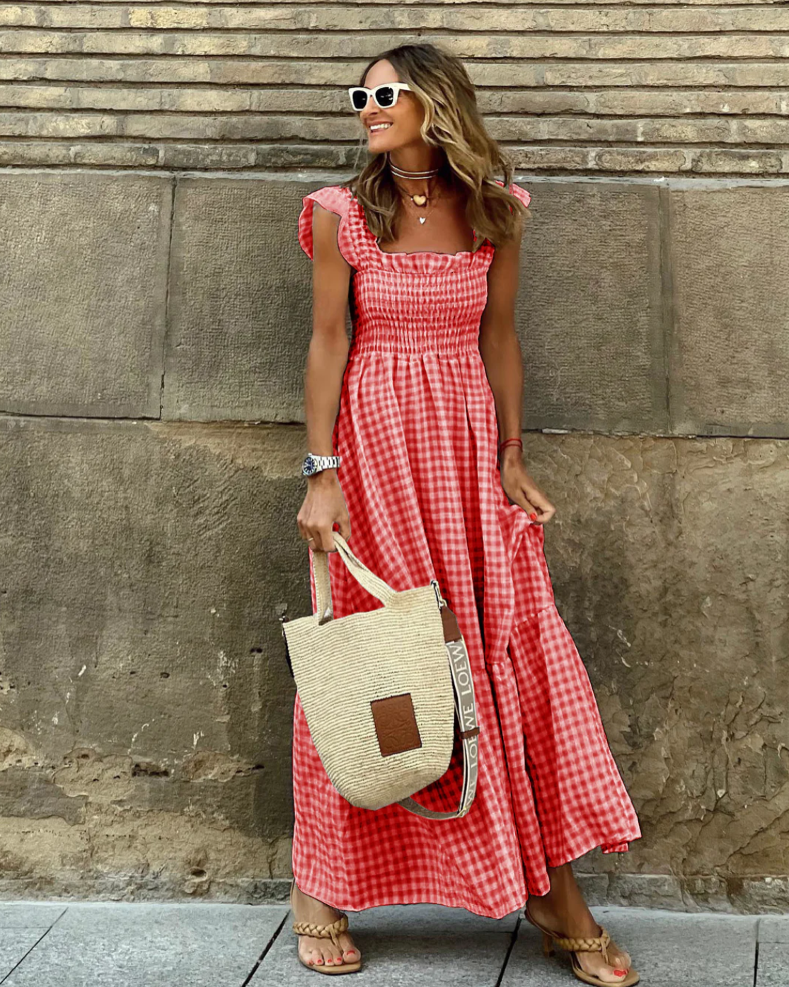 Flower – Langes Kleid mit Volantärmeln und karierten Volants