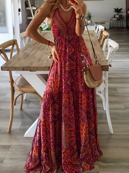 WW | Maxi Skirt with High Waist, Floral Pattern, and V-Neck