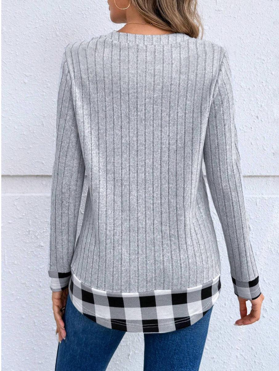 WW | Grau Karierte Pullover mit V-Ausschnitt