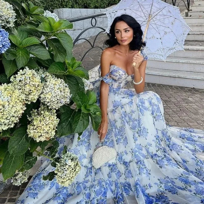 WW | Vintage Blaues Blumenprint-Schulterfreies Abendkleid