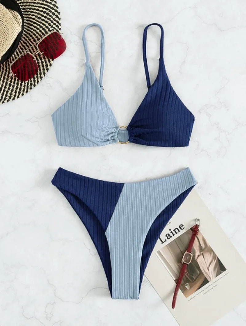 WW | Zwei-Farbiger Gerippter Bikini mit Hoher Taille für Damen