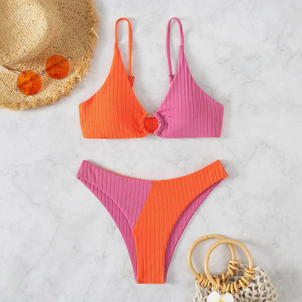 WW | Zwei-Farbiger Gerippter Bikini mit Hoher Taille für Damen