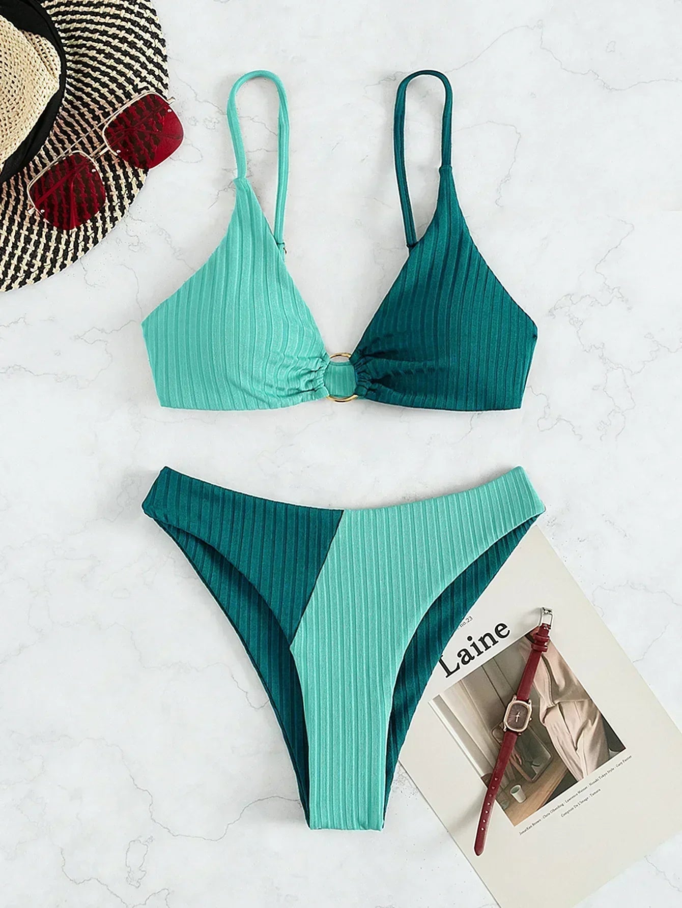 WW | Zwei-Farbiger Gerippter Bikini mit Hoher Taille für Damen