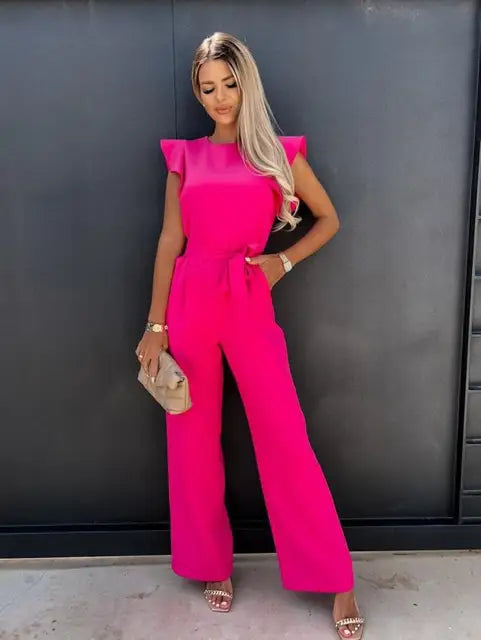 Elegant jumpsuit with ruffles and belt