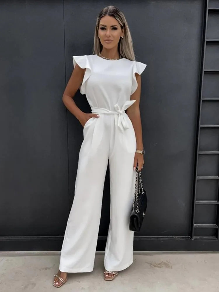 Elegant jumpsuit with ruffles and belt