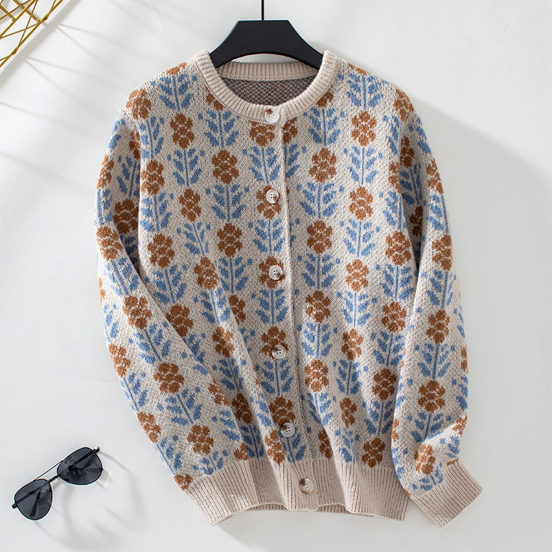 WW | Strickjacke Gestrickt Blumenmuster Lockere Passform Knöpfe Rundhals