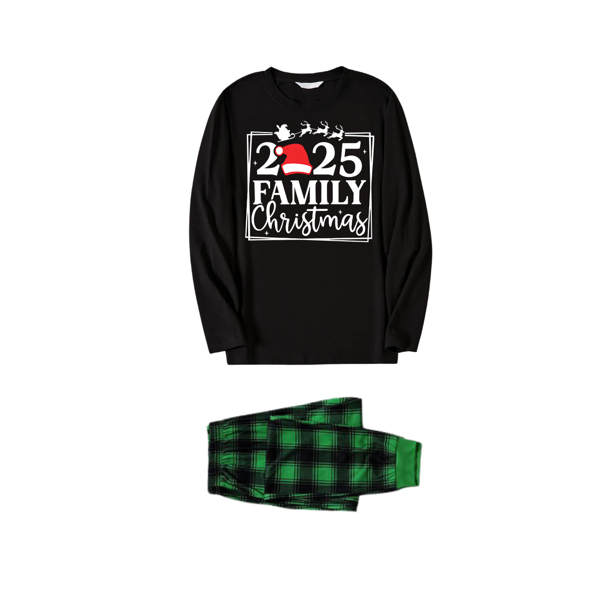 WW | "Family Christmas 2025" Text Printed Black and Green Plaid Family Christmas Matching Pajamas