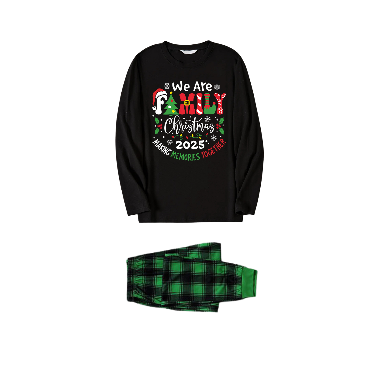 WW | "Wir sind Familie" 2025 Weihnachtskranz - Schwarzes Langarmshirt mit schwarzen und grünen karierten Hosen Familien passende Schlafanzüge