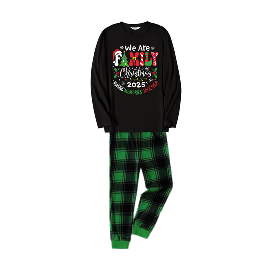 WW | "We Are Family" 2025 Christmas Wreath - Black Long-Sleeve Shirt with Black and Green Plaid Pants Family Matching Pajamas