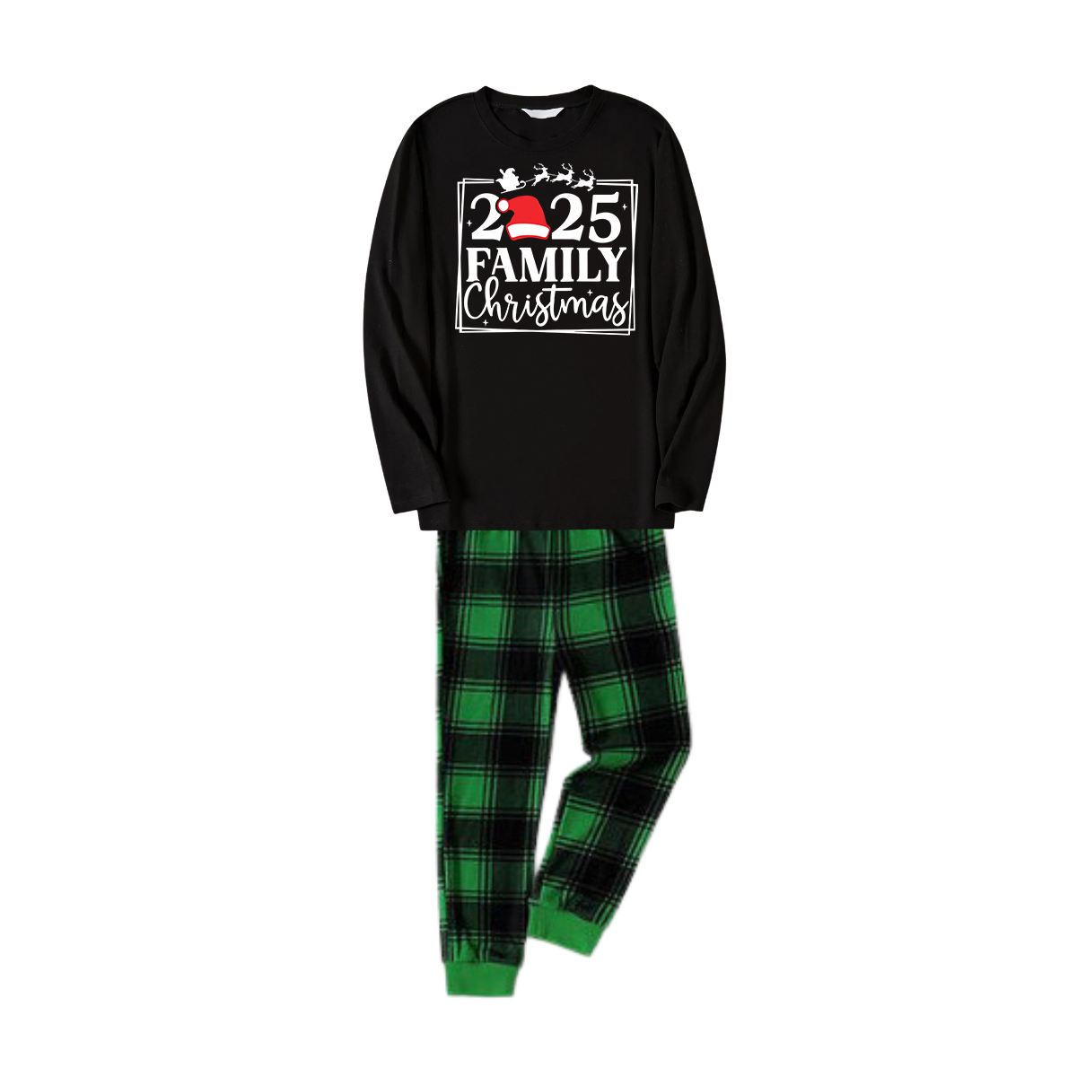 WW | "Family Christmas 2025" Text Printed Black and Green Plaid Family Christmas Matching Pajamas
