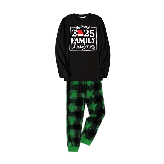WW | "Family Christmas 2025" Text Printed Black and Green Plaid Family Christmas Matching Pajamas