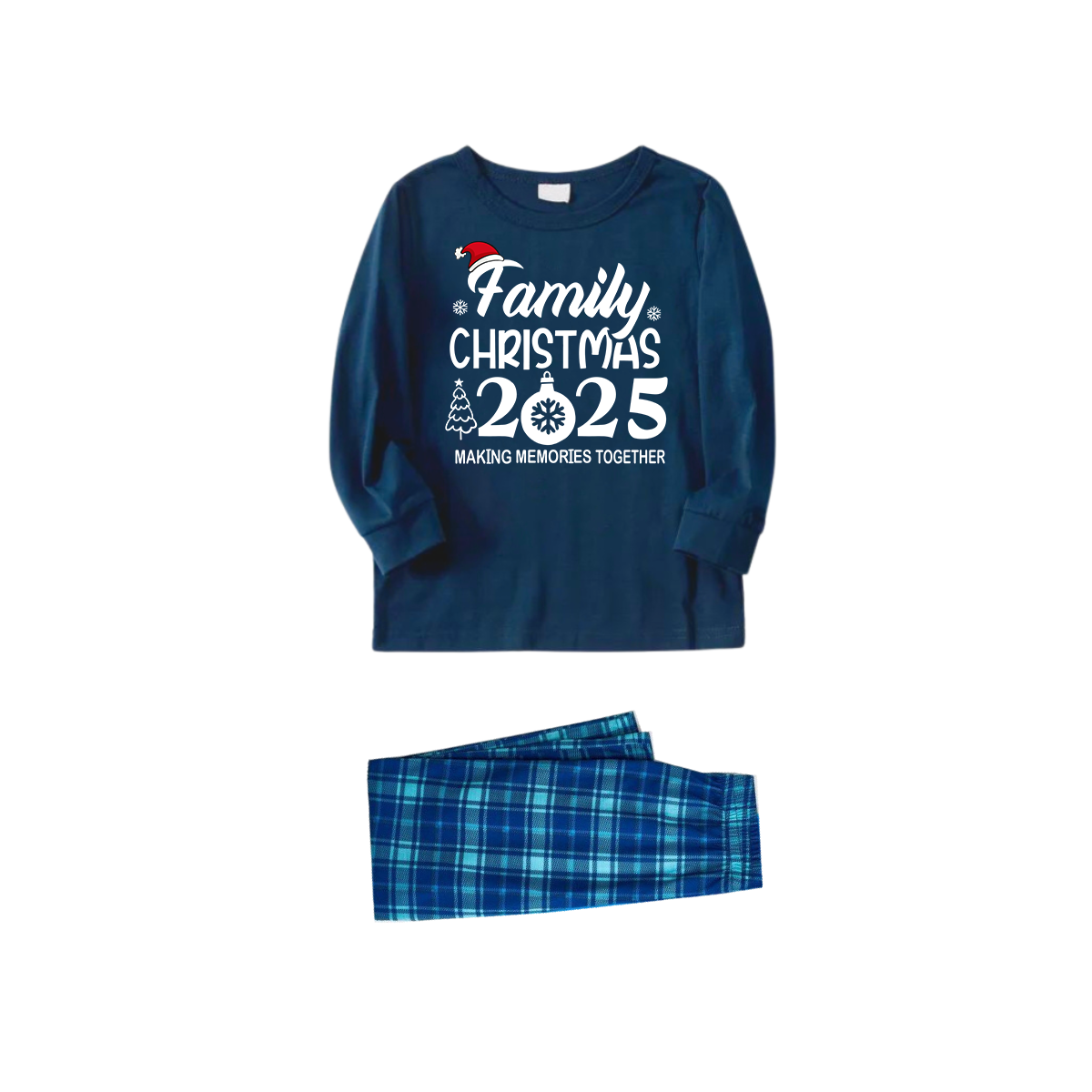 WW | "Familienweihnachten 2025" Textprint Blauer Langarm-Top mit blauer karierten Familienpassenden Pyjamas