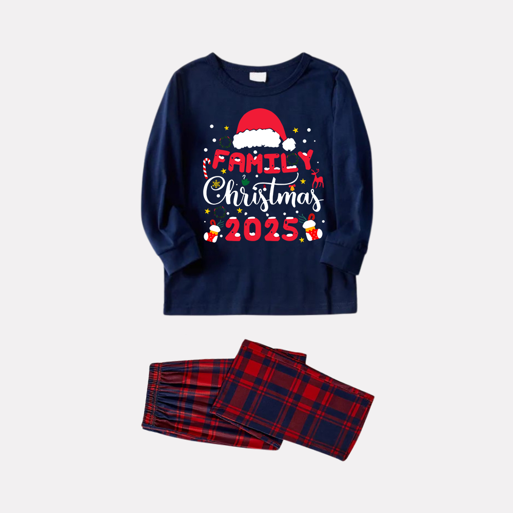 WW | Cute "Family Christmas 2025" Pattern Printed Red and Blue Plaid Christmas Matching Pajamas