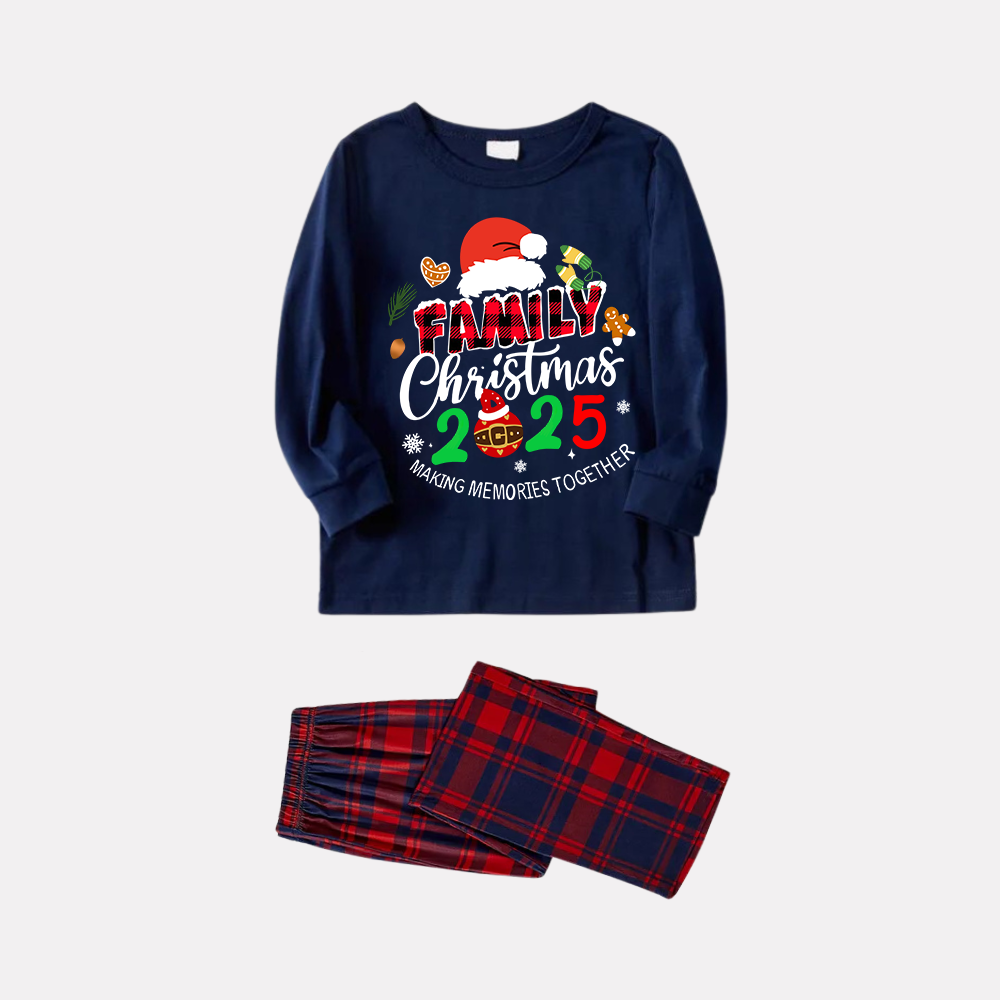 WW | "Family Christmas 2025" Text and Santa Hat Prints Blue Long-Sleeve Top with Red and Blue Plaid Pants Christmas Matching Pajamas